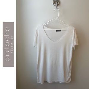 Pistache Women's White T-Shirt with Sparkling Silver Trim, Size Large